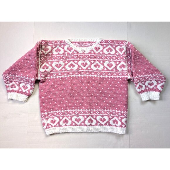 Vintage Handmade Knit Sweater Fits Womens Medium Pink White Hearts 50s 60s - Picture 1 of 9